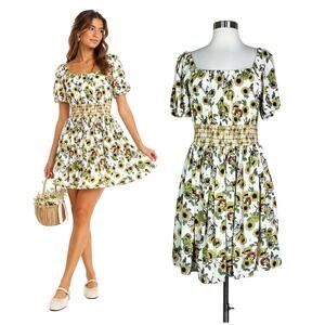 Shrek | BoxLunch Sunflower Floral Print Cream Smocked Peasant Mini Dress Large